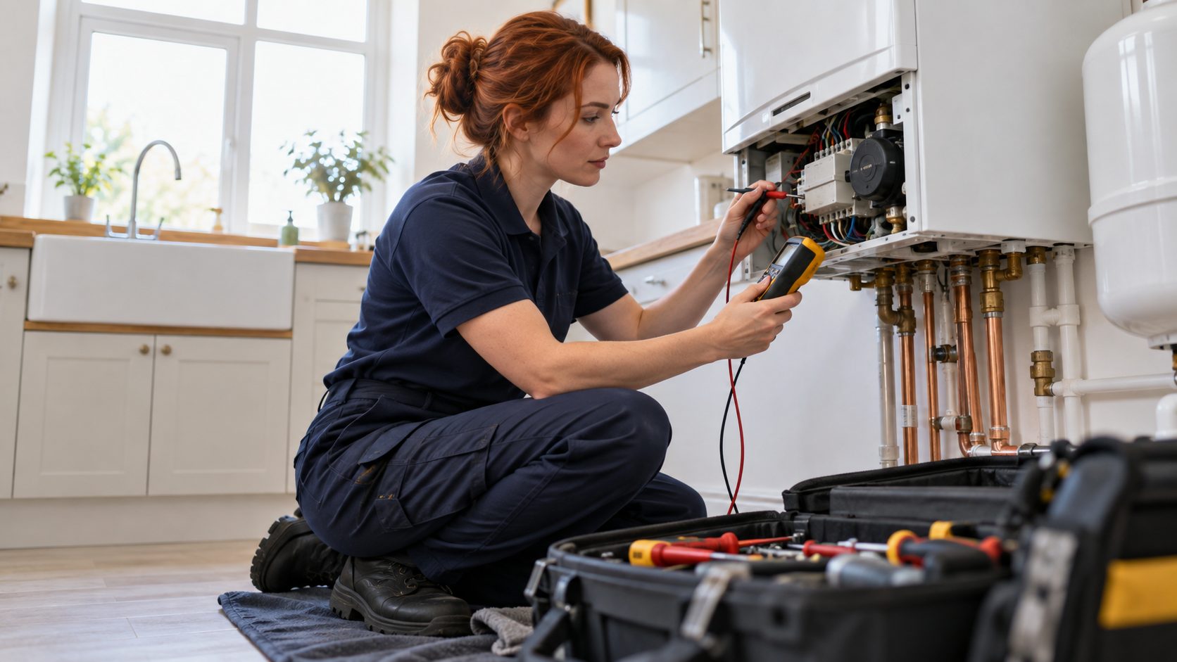 Diz çökerek kombi elektroniğini ölçen kızıl saçlı teknisyen