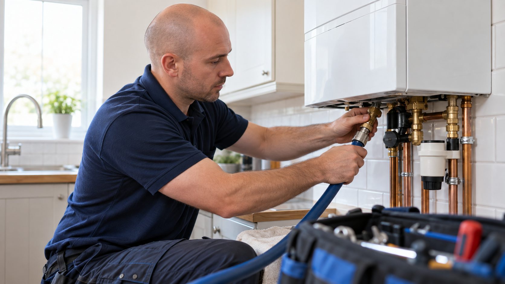 Mavi temizlik hortumunu kombi tesisatına bağlayan teknisyen
